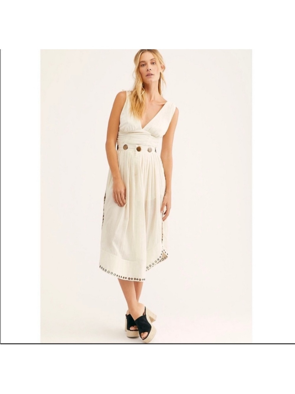 Ivory Sleeveless Midi Skirted Dress with Grommet Waist Detail